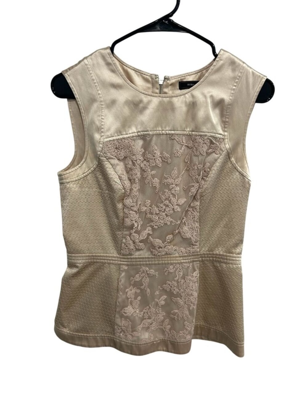 BCBG Max Azria Small Beige Sleeveless Blouse Top Floral Lace Back Zip Ethereal